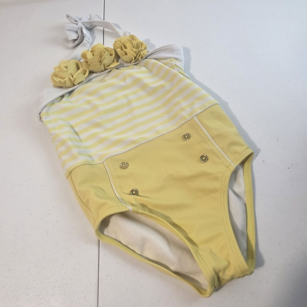 Janie & Jack Size 4 Yellow And White One Piece Swimsuit Retro Vintage Look EUC